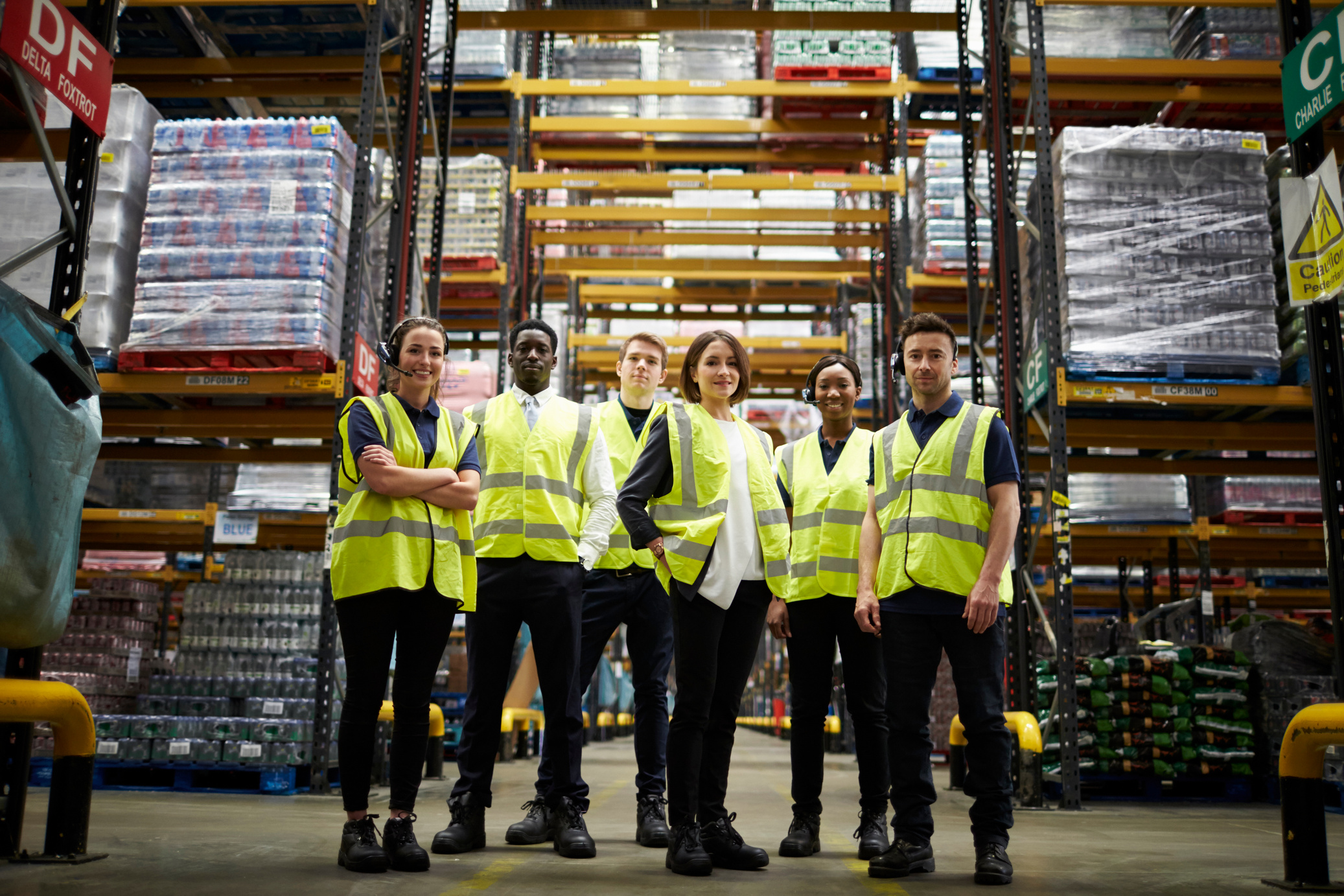 Group Portrait of Staff at Distribution Warehouse, Low Angle